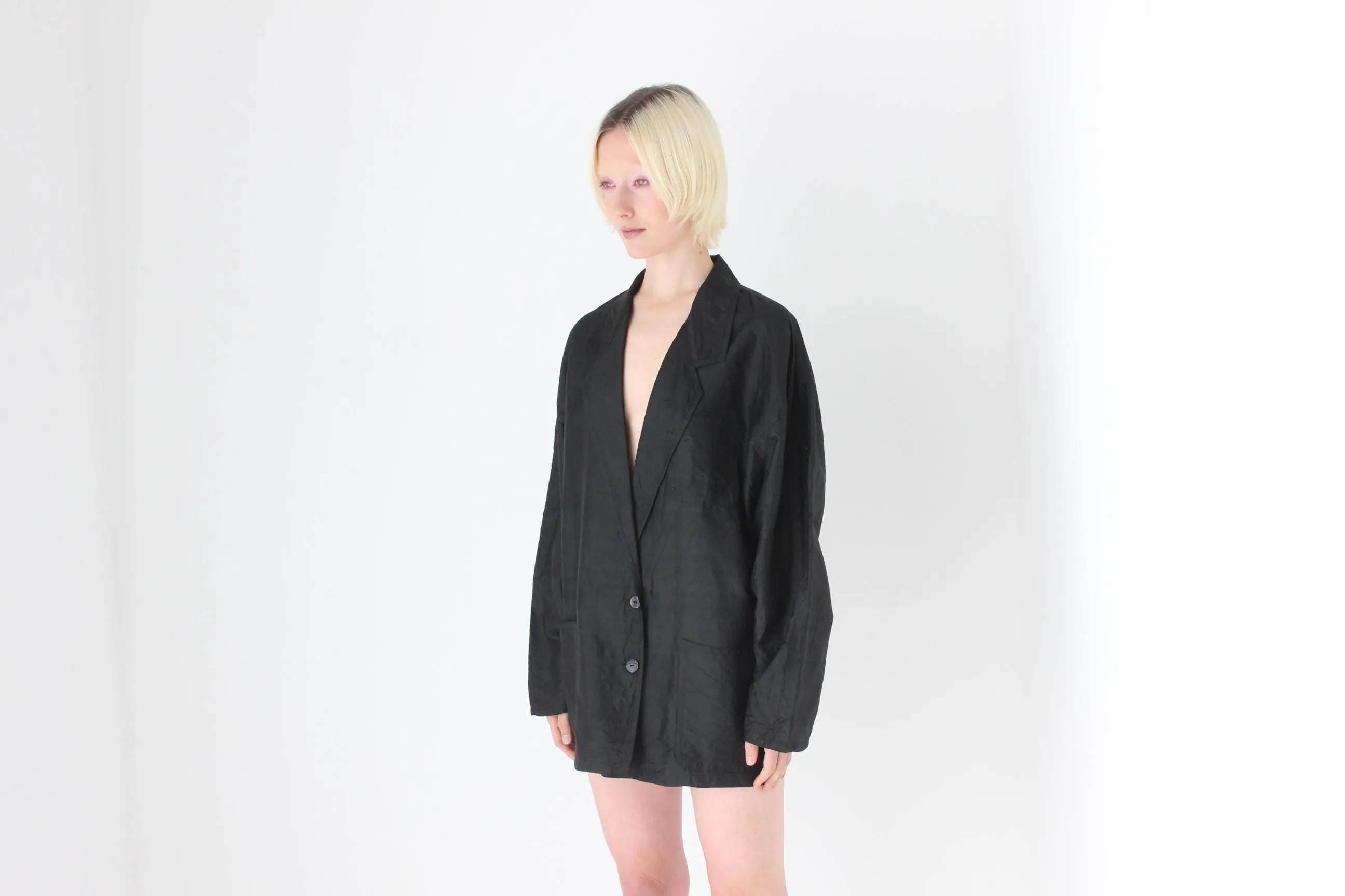 80s Raw Silk Boxy Black Suit Blazer / Cocoon Mini Dress