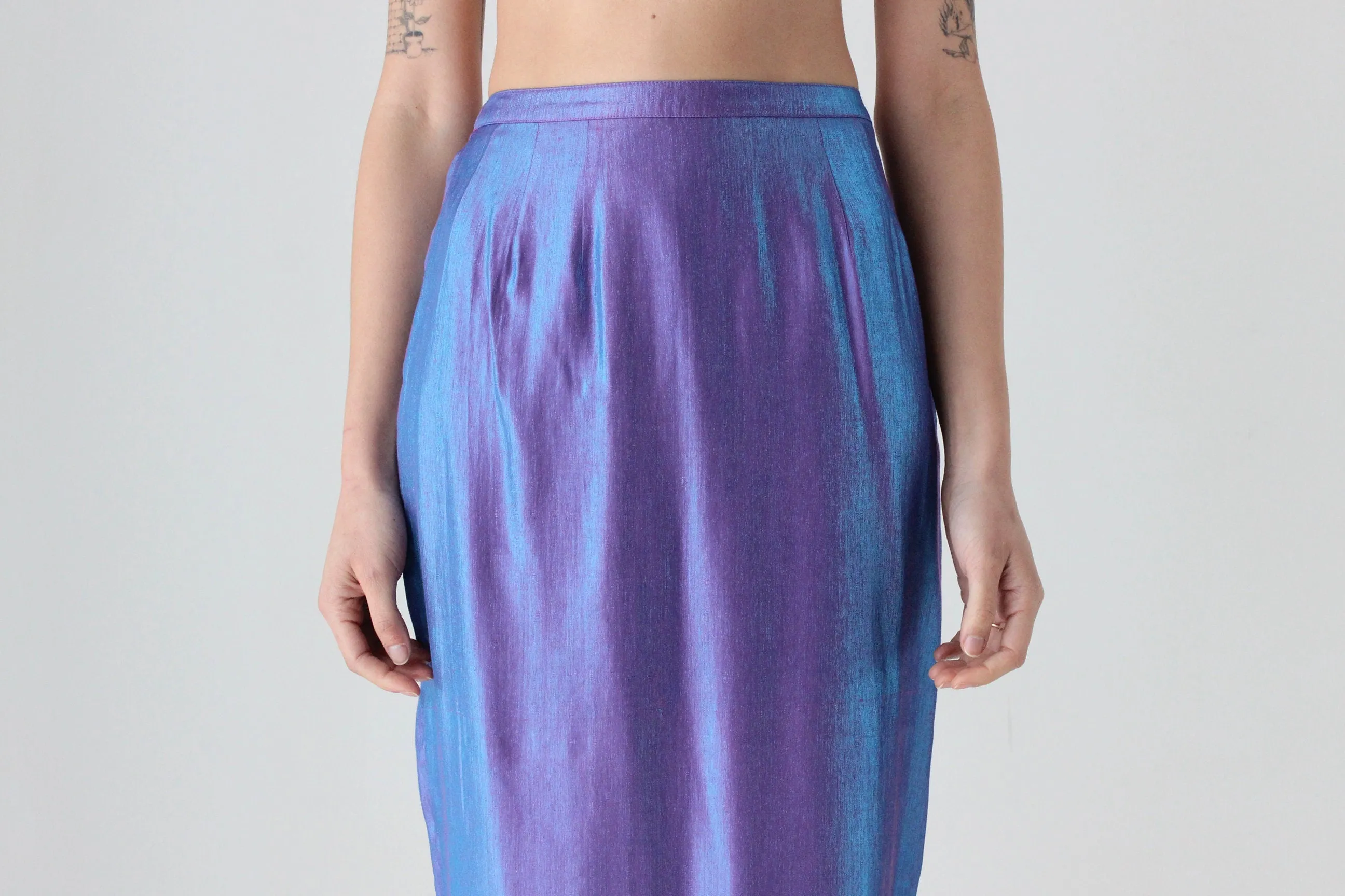 90s Holographic Duo Tone Metallic High Waist Column Midi Skirt
