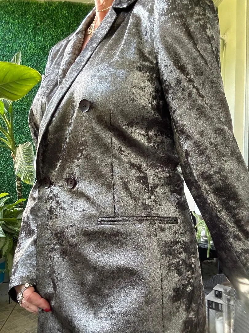 BCBG Maxazria Metallic Grey Blazer Jacket Shirt Dress Tailored Fashion Designer