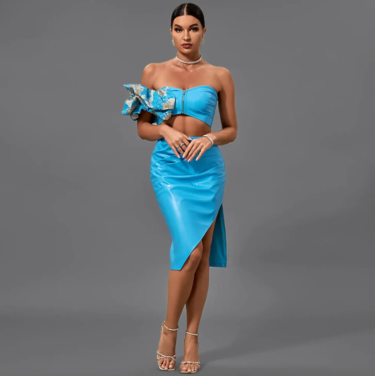 BELEN One Sleeve Off The Shoulder Two Piece | Blue