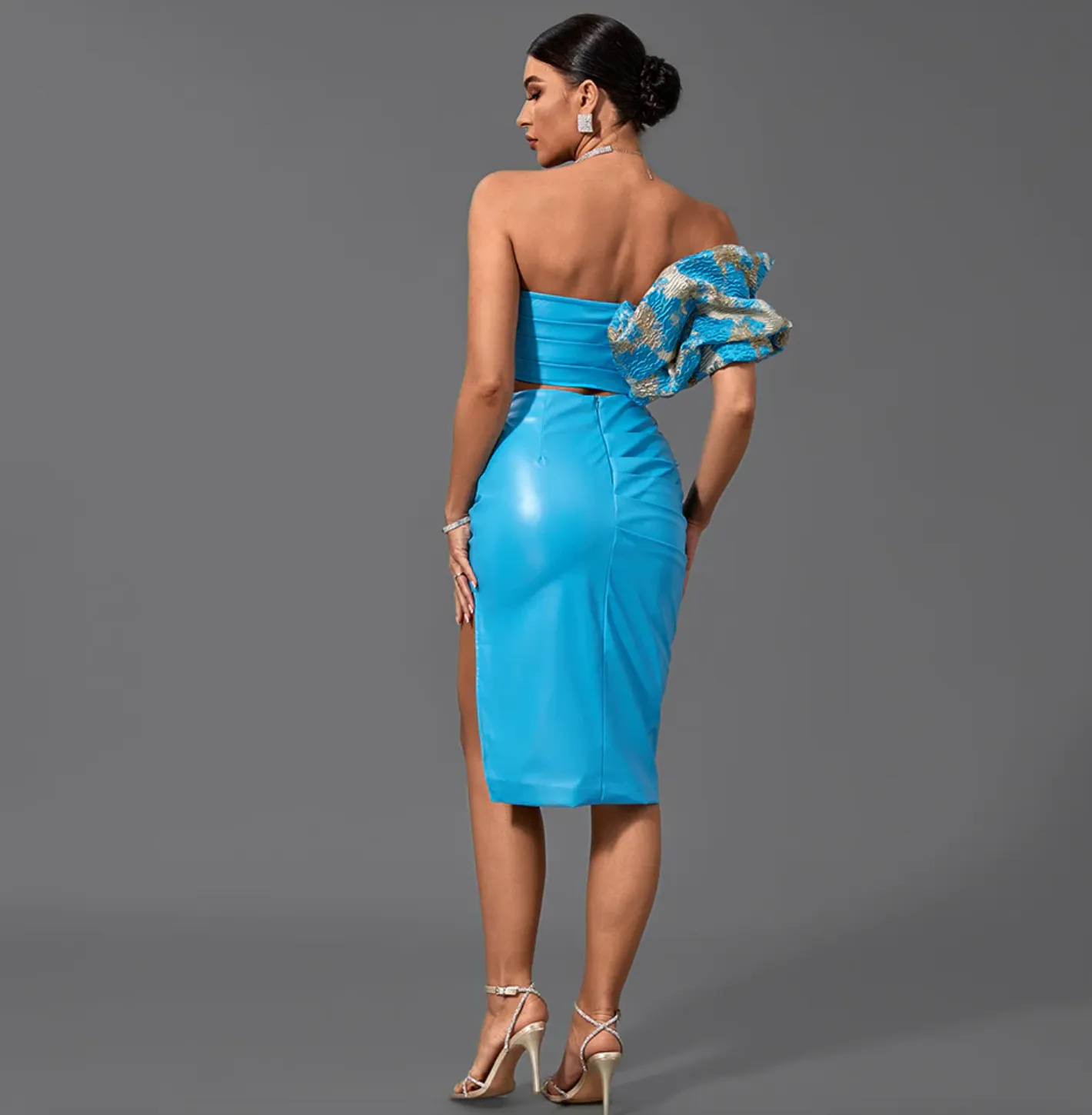 BELEN One Sleeve Off The Shoulder Two Piece | Blue