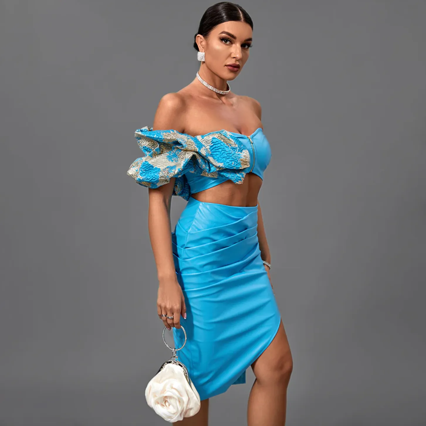 BELEN One Sleeve Off The Shoulder Two Piece | Blue