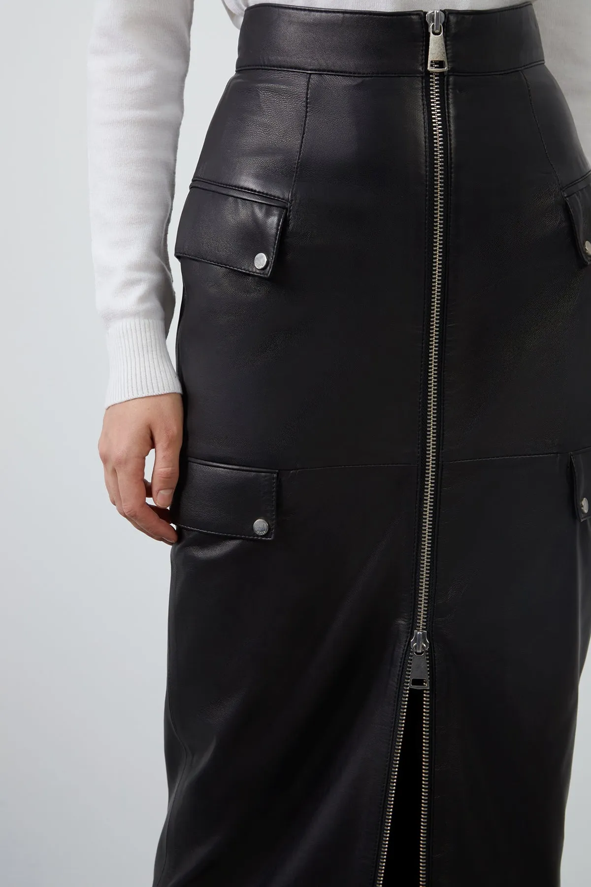 Black Leather Skirt with Front Zipper and Pocket Cover Detail