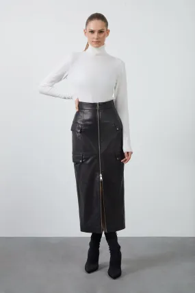 Black Leather Skirt with Front Zipper and Pocket Cover Detail