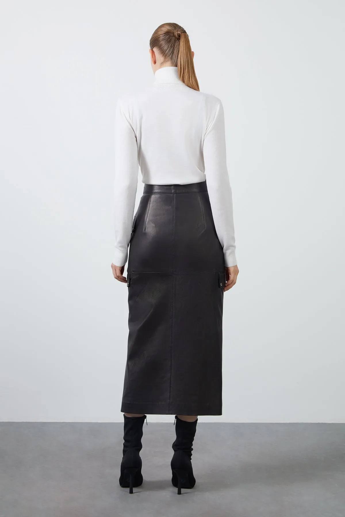 Black Leather Skirt with Front Zipper and Pocket Cover Detail