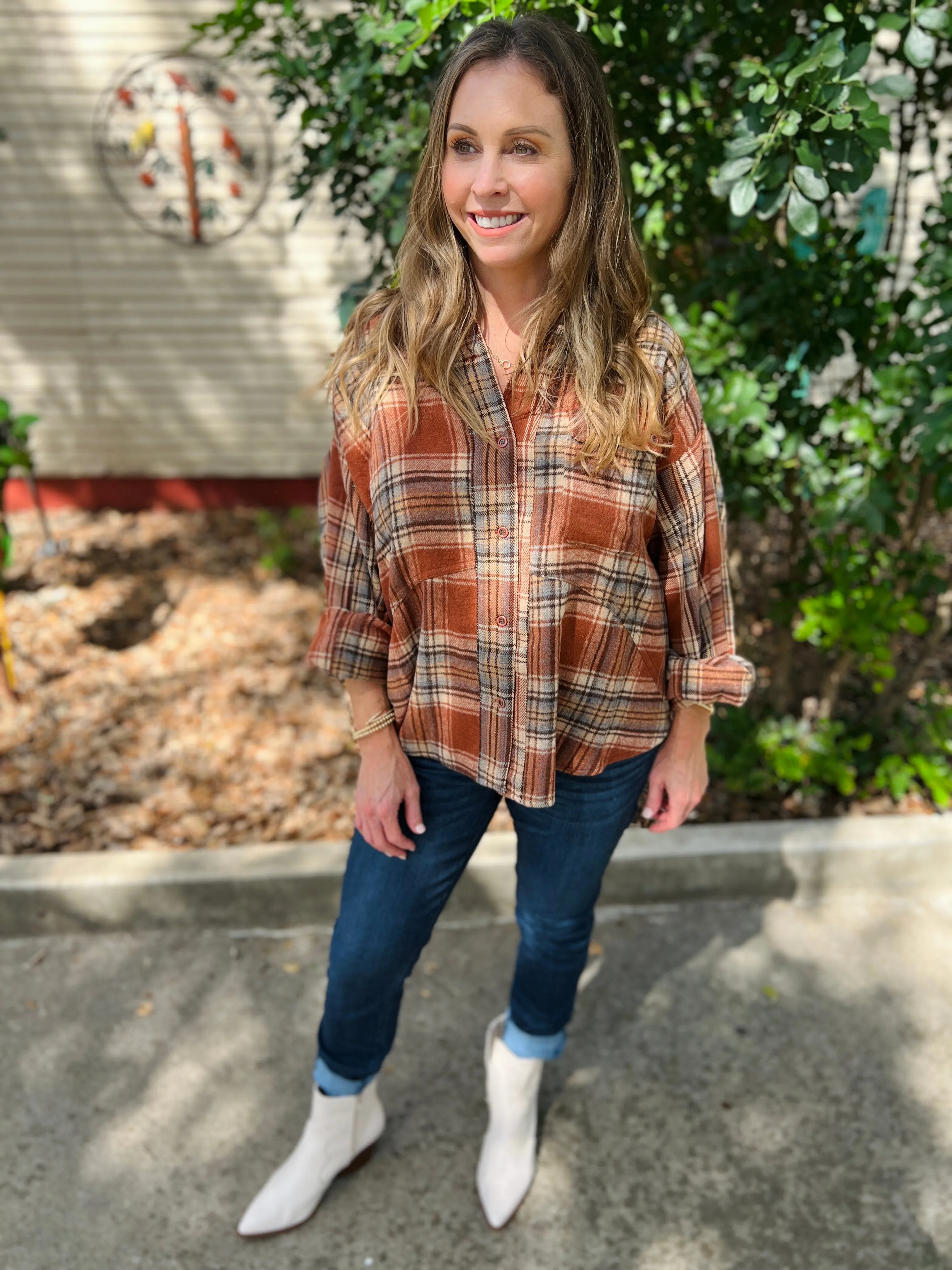 Brown Plaid Button Down Shacket