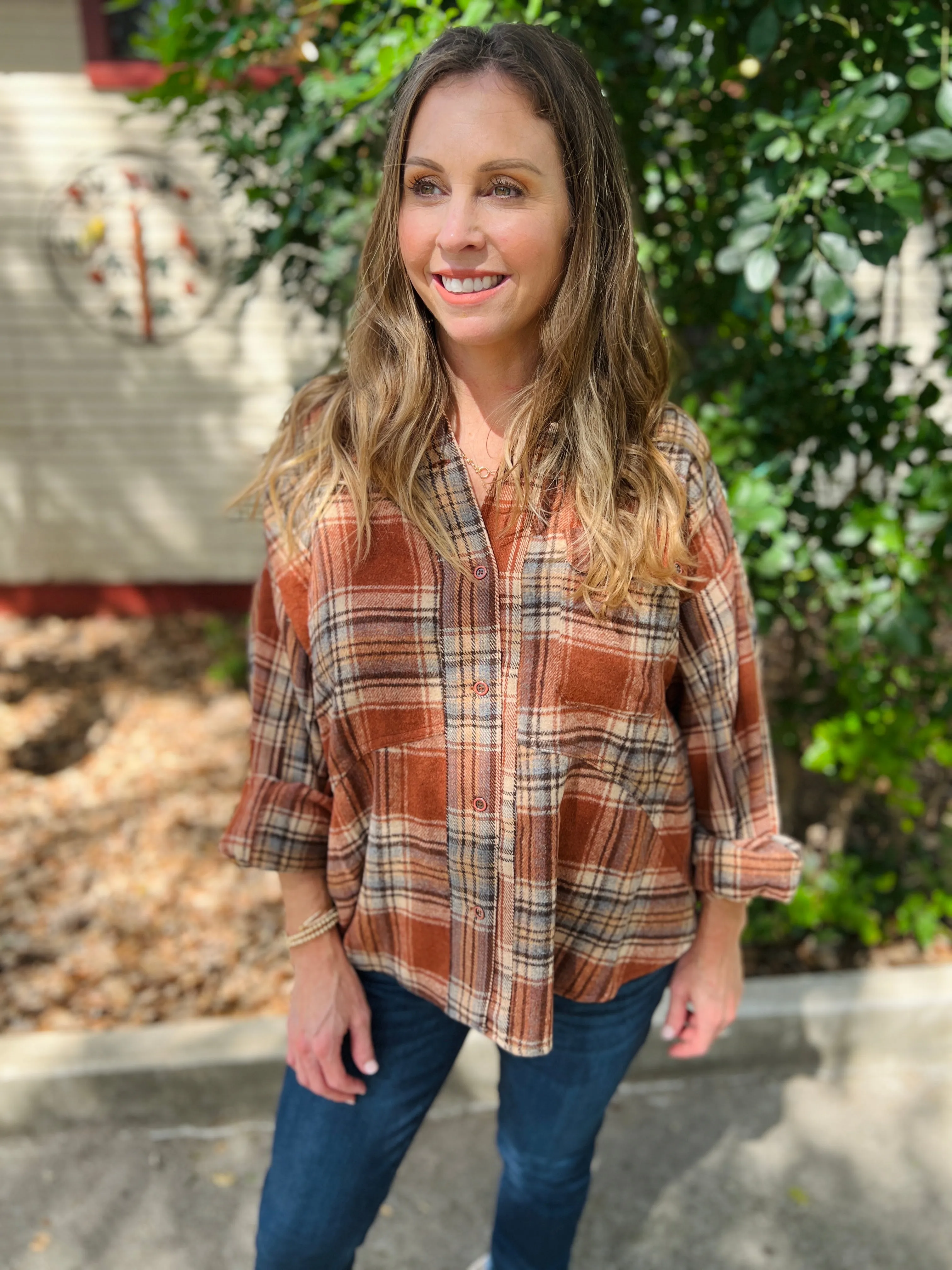 Brown Plaid Button Down Shacket