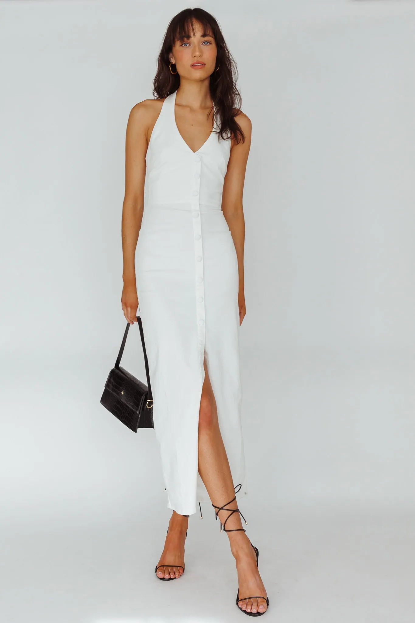 Button Denim Maxi Dress- White