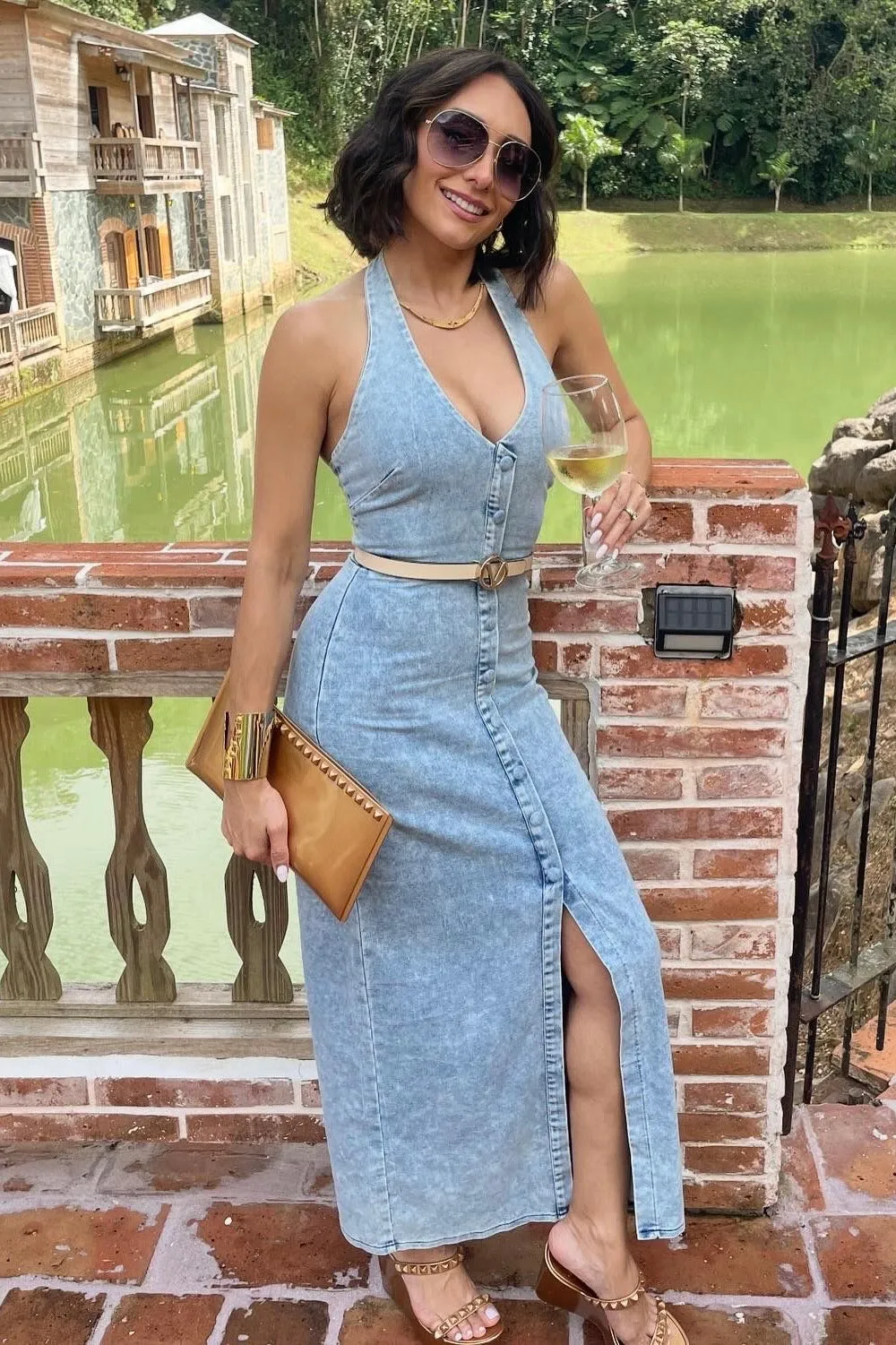 Button Denim Maxi Dress- White