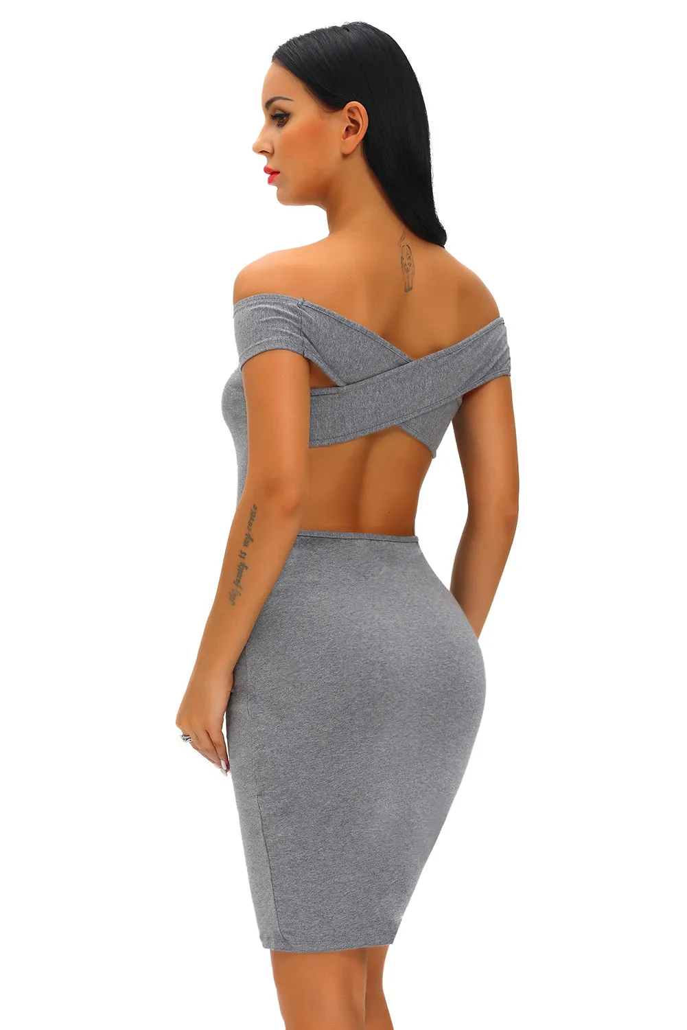 Charcoal Crisscross Off Shoulder Bodycon Dress