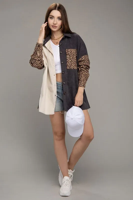 Color Block Leopard Corduroy Shacket