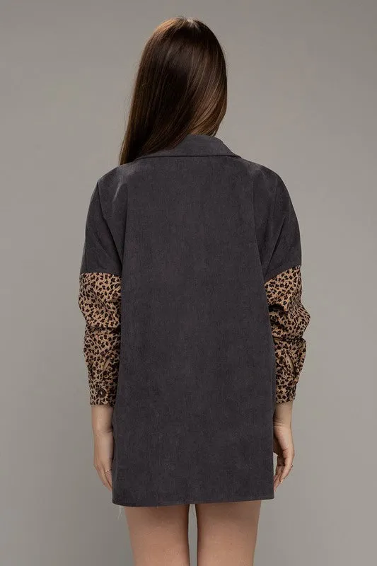 Color Block Leopard Corduroy Shacket