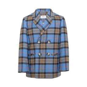Cotton Double Breasted Blazer Tartan Plaid, Blue