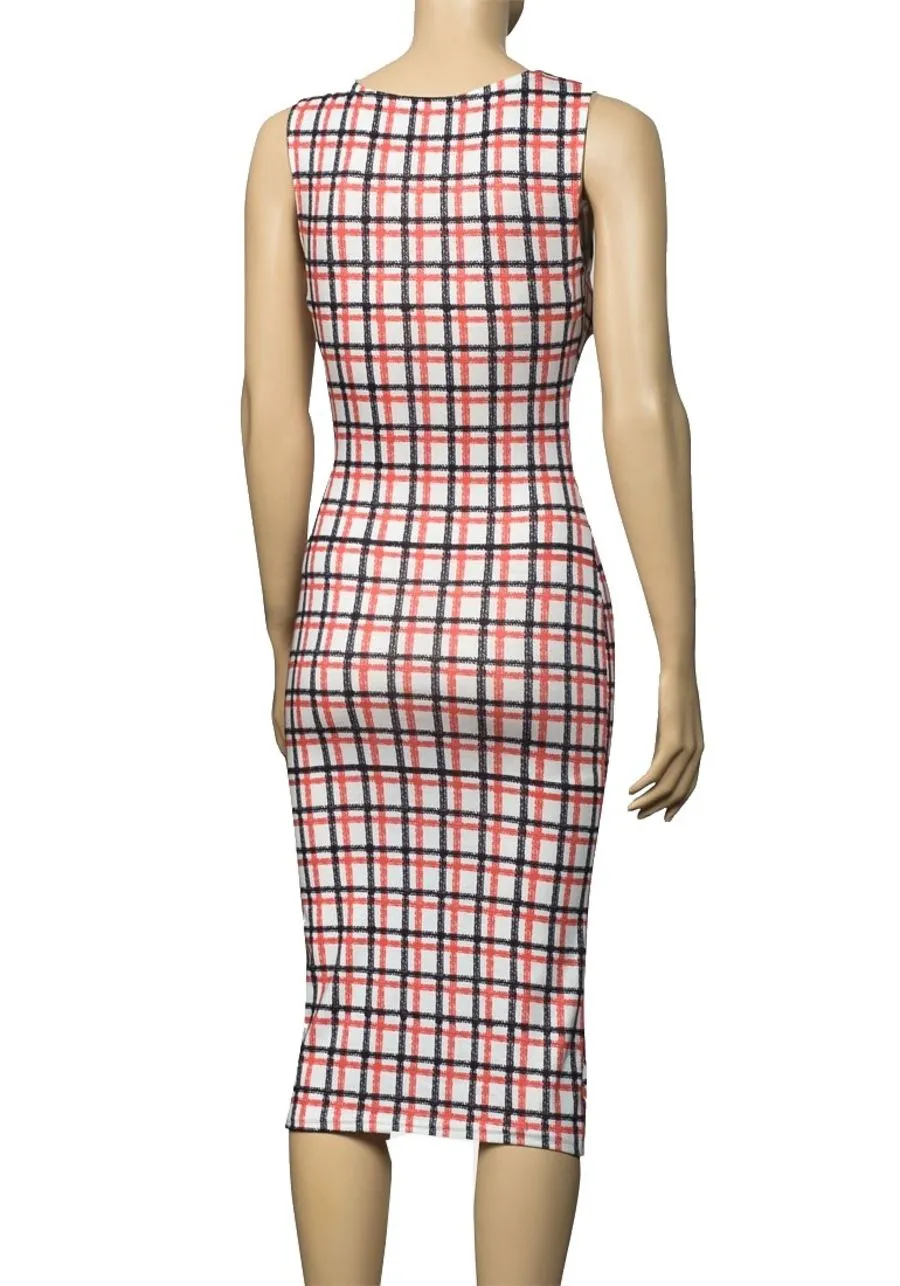 Dreams Multi Checked Bodycon Midi Sleeveless Dress