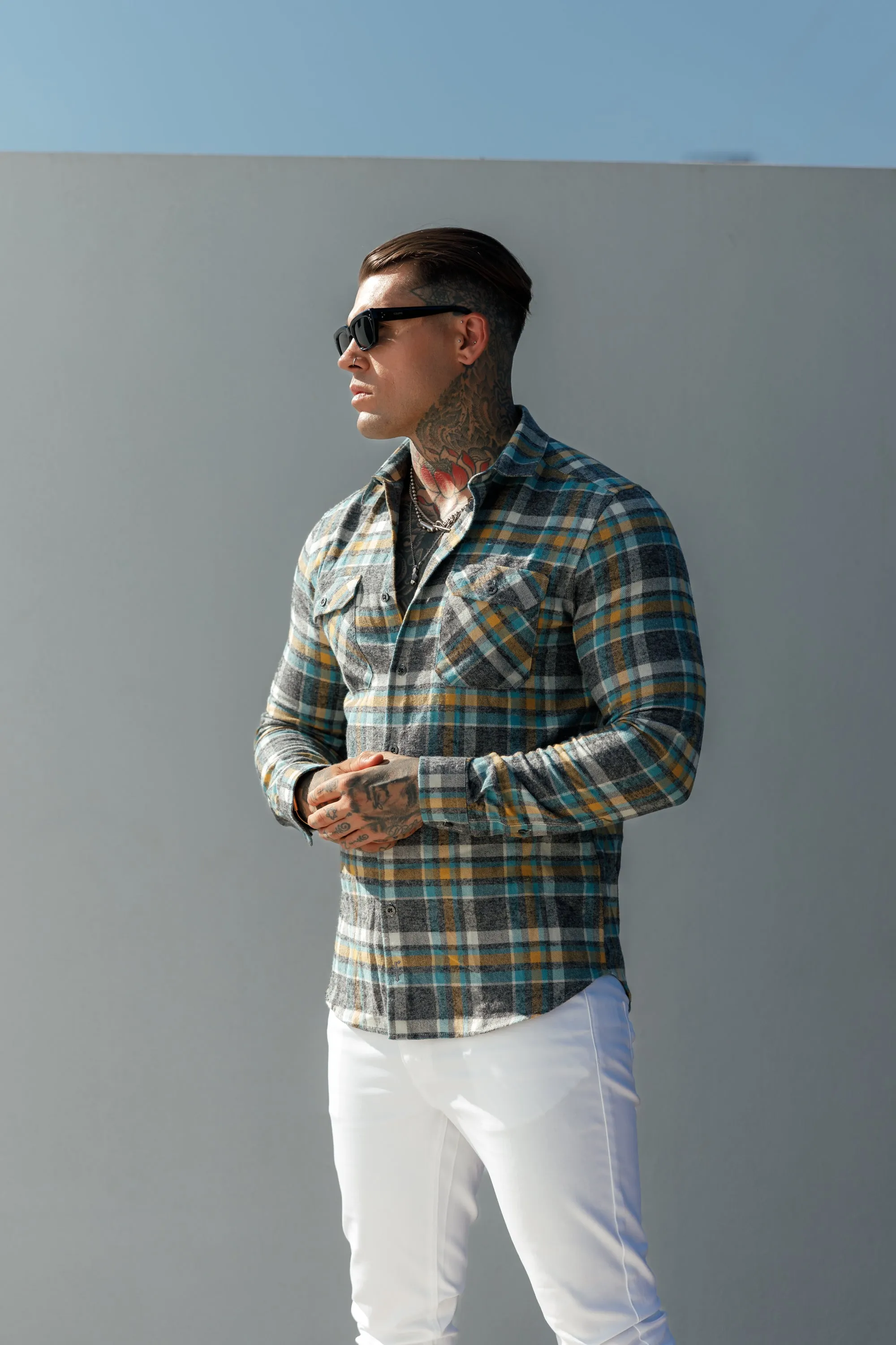 FS Aqua / Yellow Check Shacket With Double Pockets - FS1073