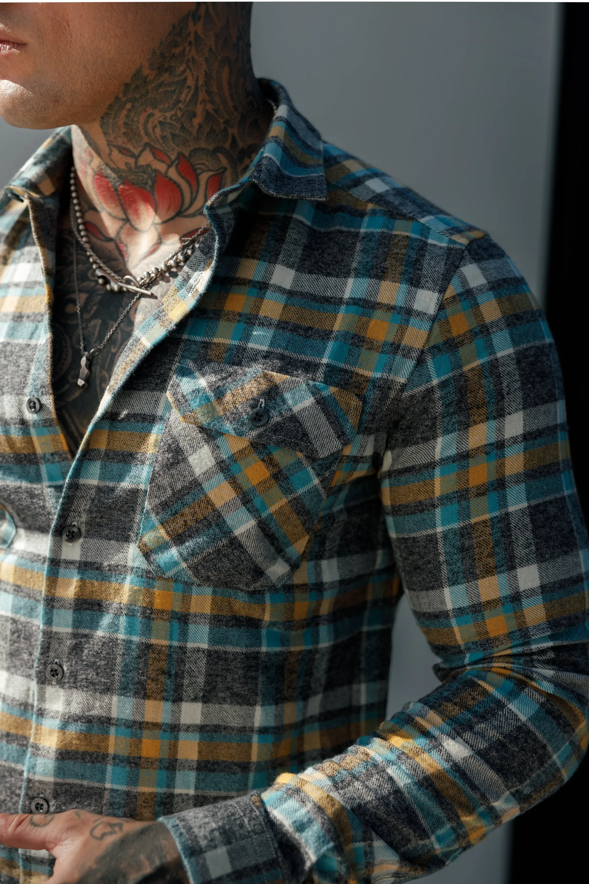 FS Aqua / Yellow Check Shacket With Double Pockets - FS1073