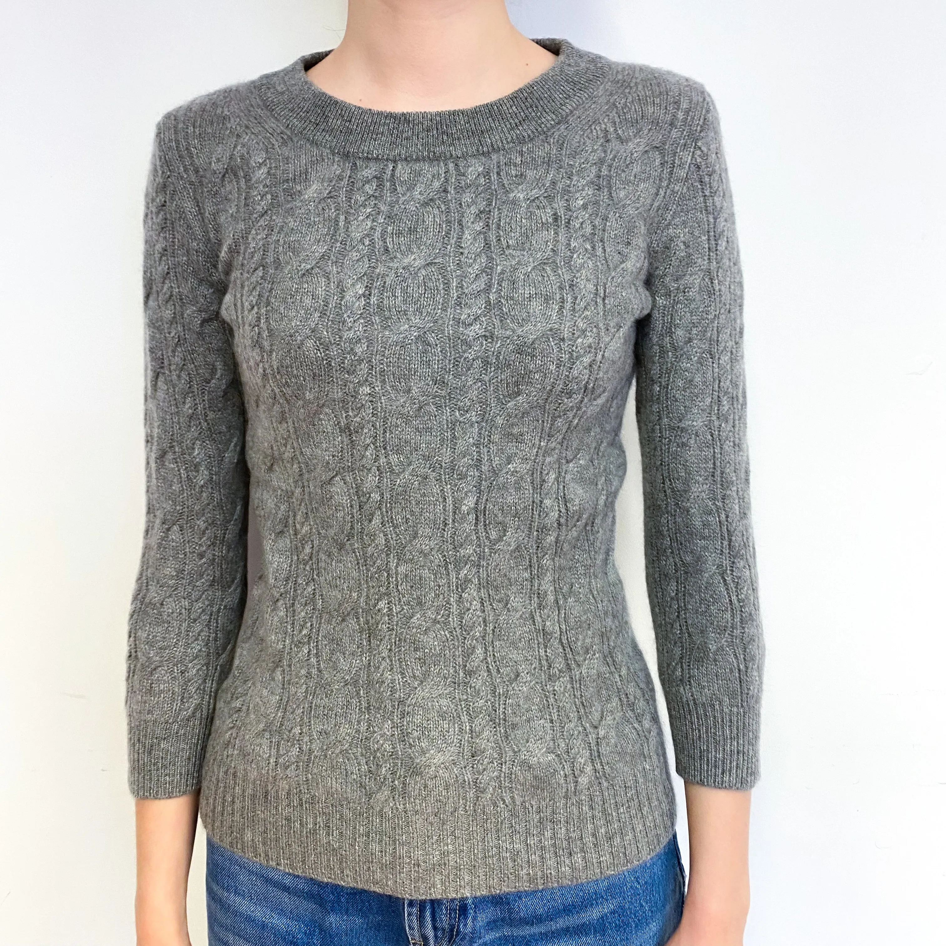 Grey Cable 3/4 Sleeve Cashmere Crew Neck Jumper Extra Small