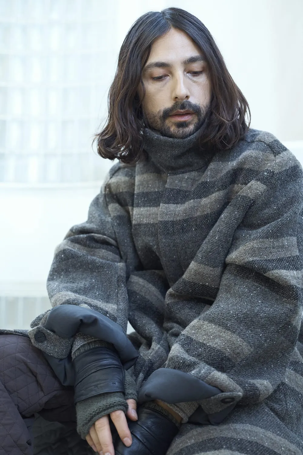 Hight neck coat striped wool