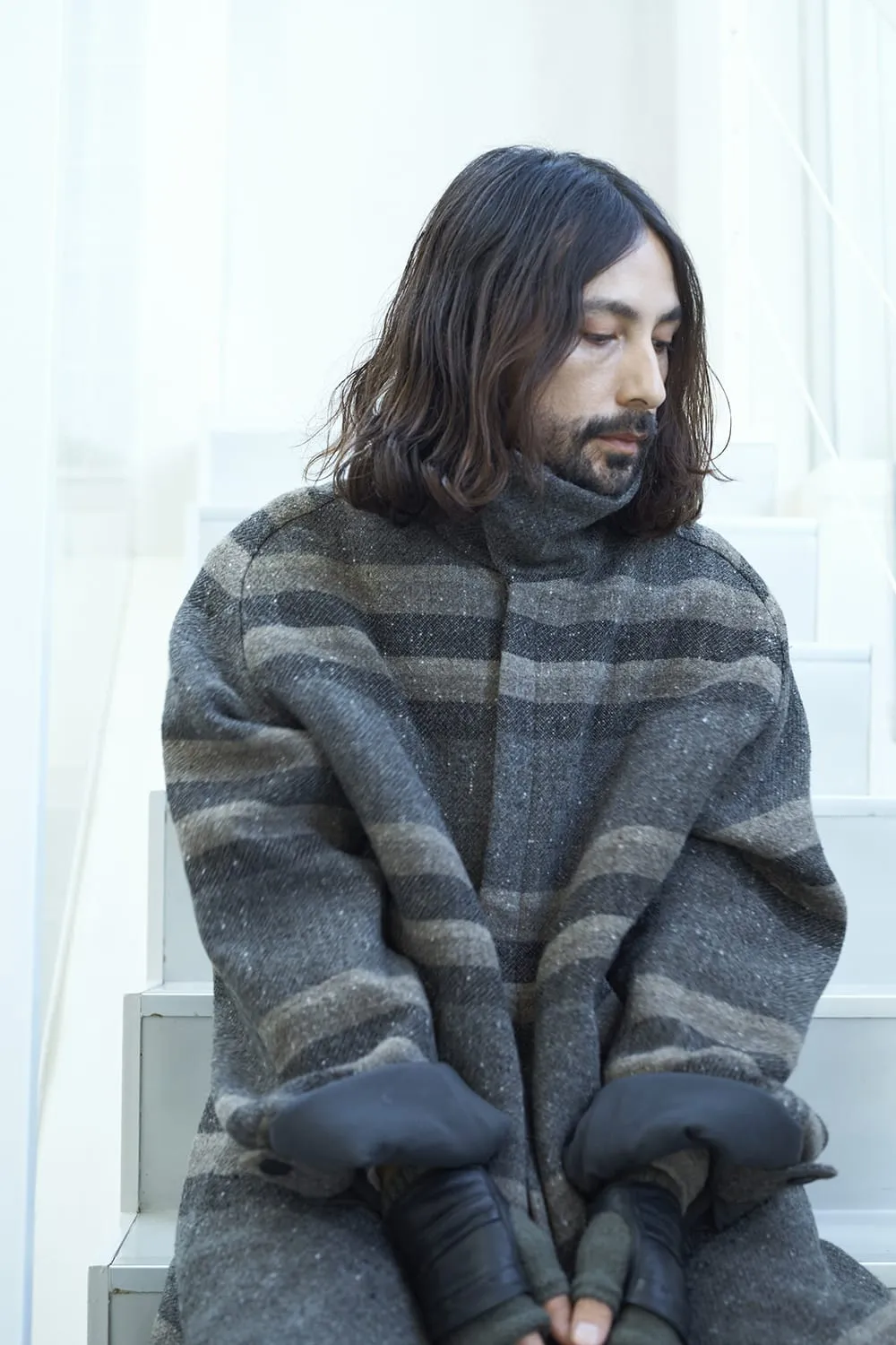 Hight neck coat striped wool
