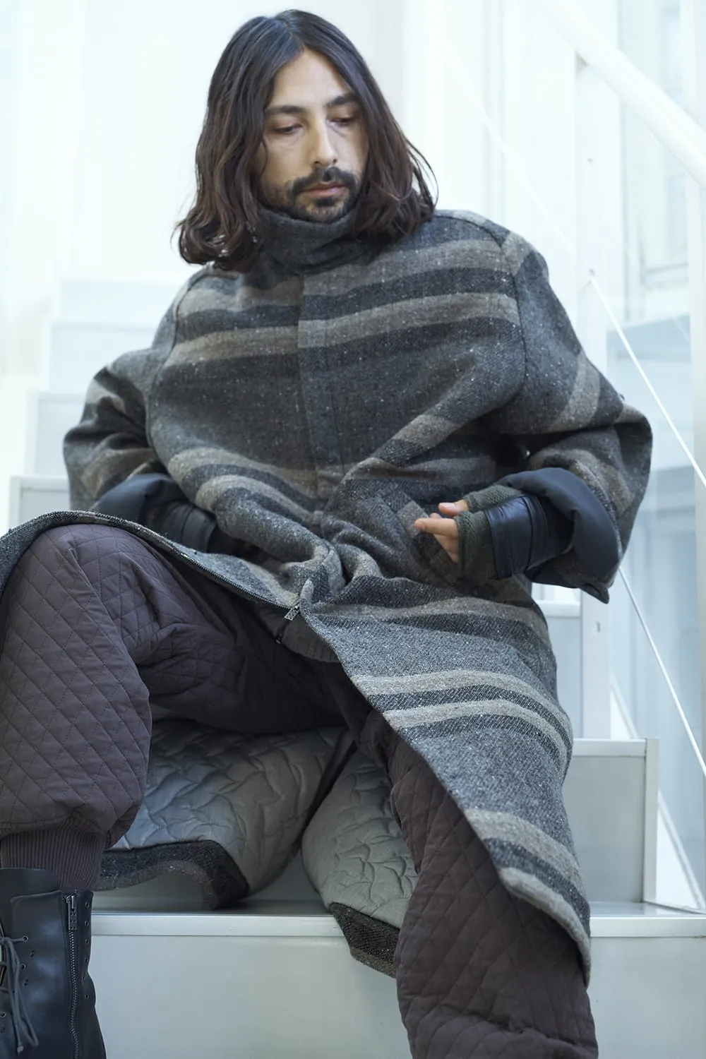 Hight neck coat striped wool