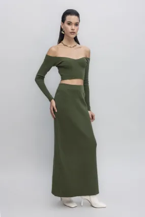Khaki Knit Maxi Pencil Skirt
