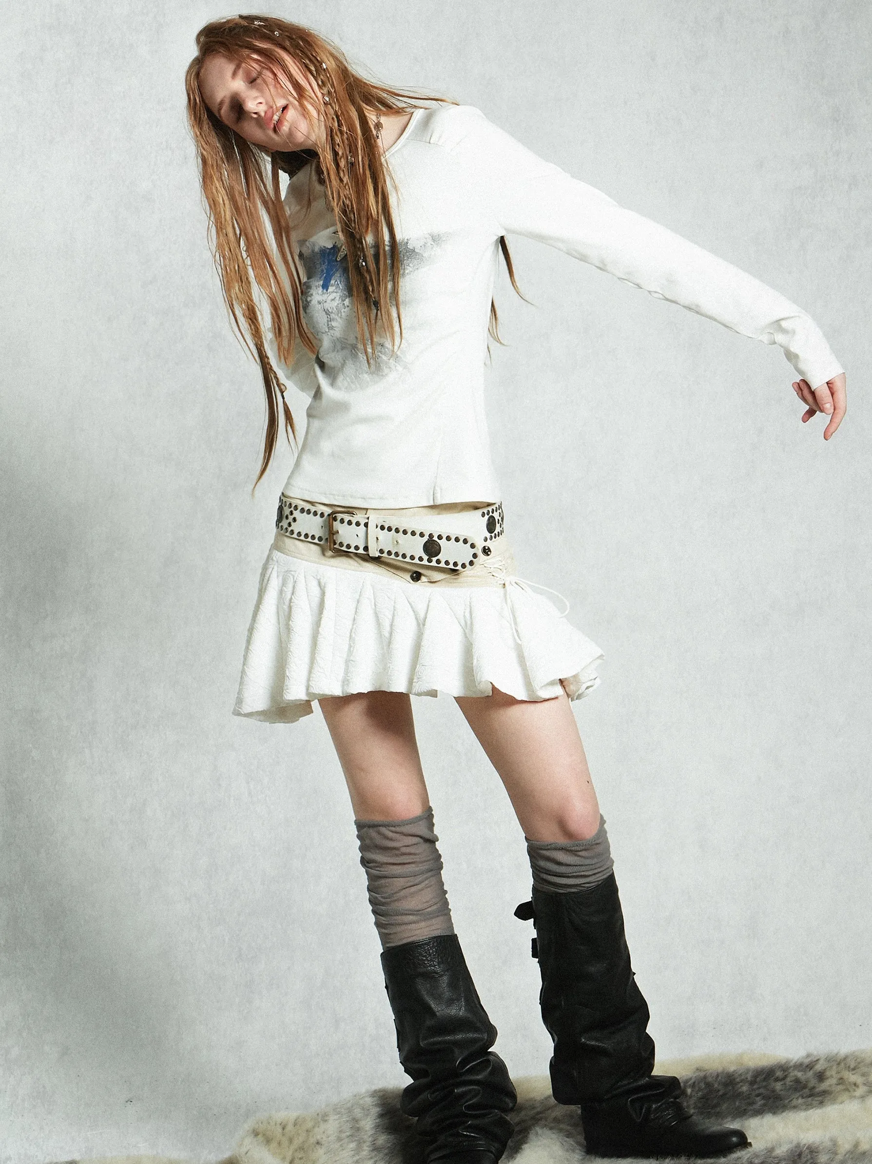Lace Mix Cute Pleats Flare Mini-Skirt
