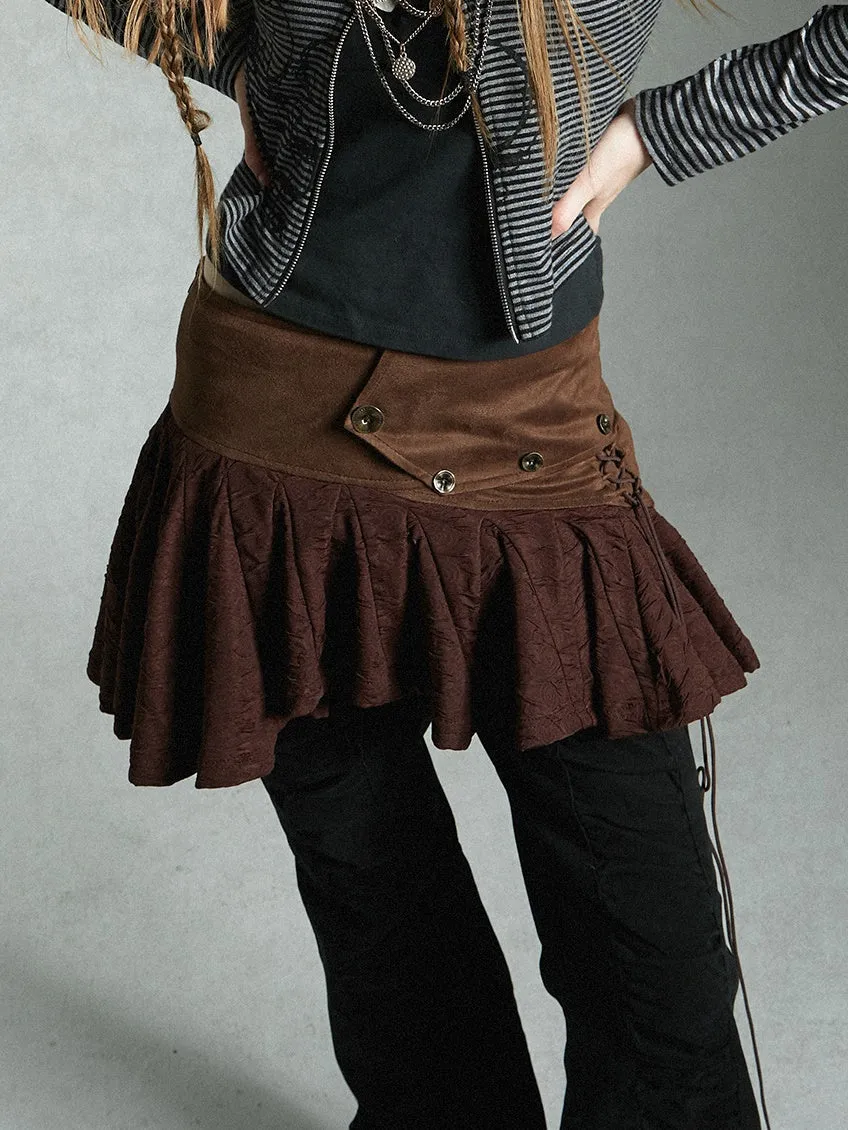 Lace Mix Cute Pleats Flare Mini-Skirt