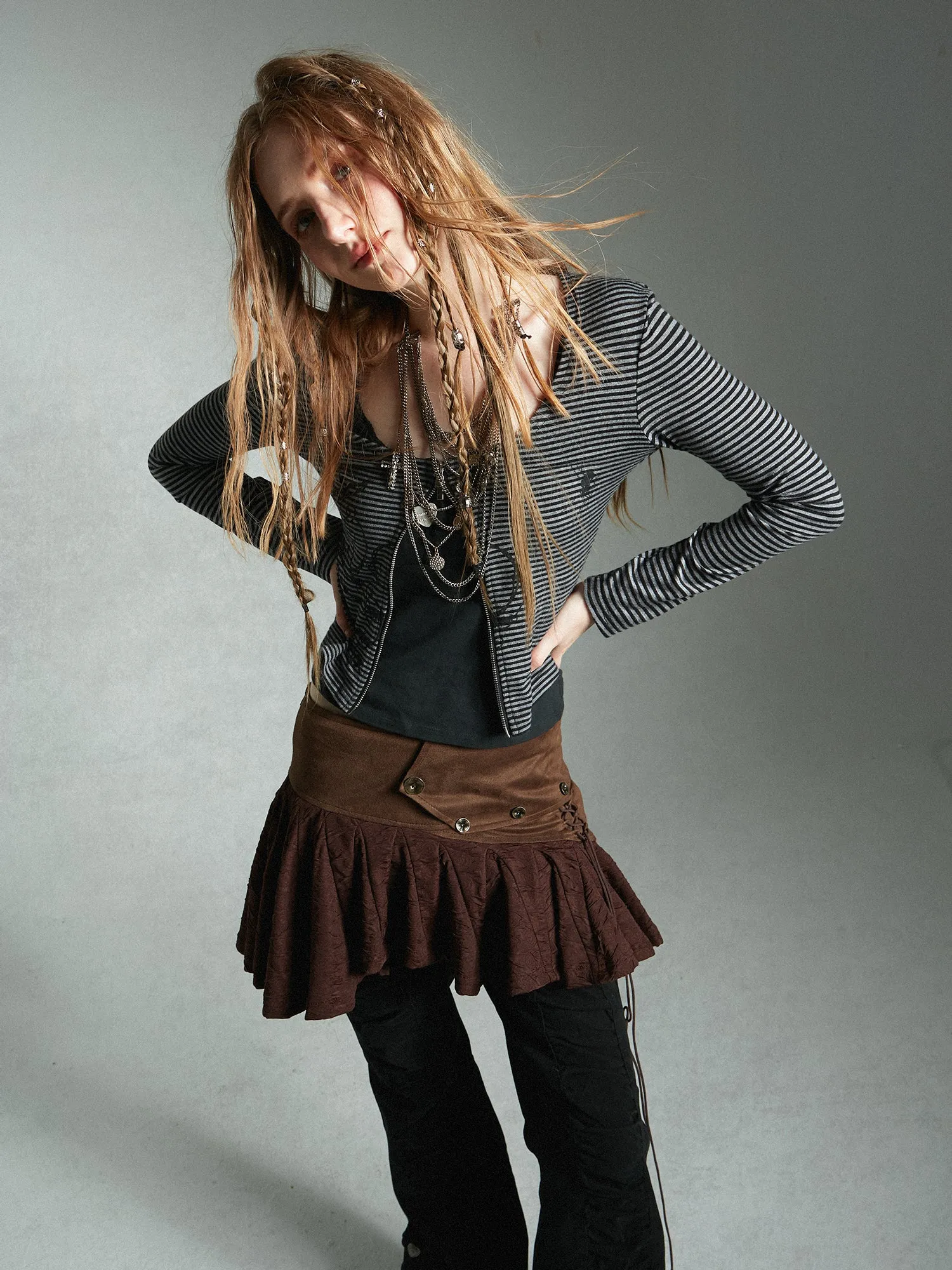 Lace Mix Cute Pleats Flare Mini-Skirt