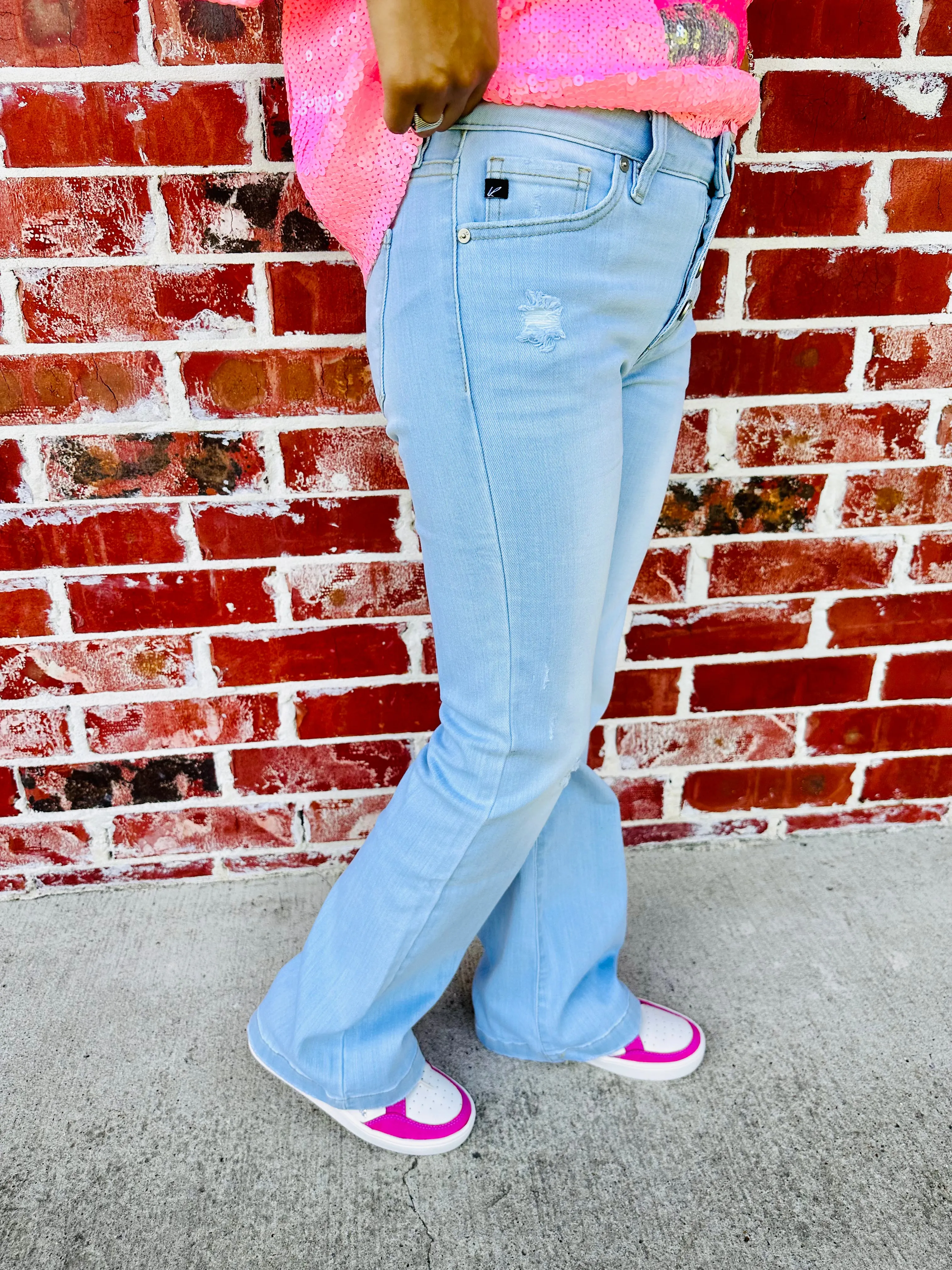 Light Stone Petite Mid Rise Flare Jeans
