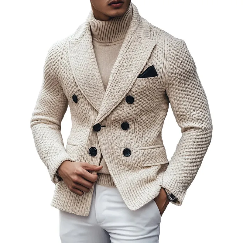 Men's Business 3 Pocket Lapel Vintage Double-breasted Knitted Blazer