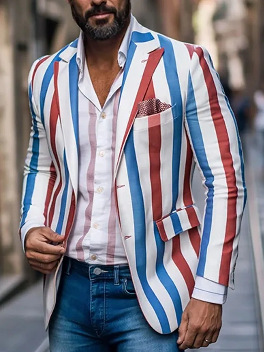 Men's Three Pocket Lapel Stripe Print Casual Blazer