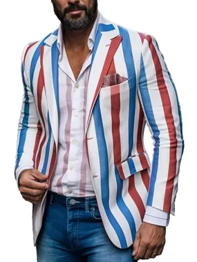 Men's Three Pocket Lapel Stripe Print Casual Blazer