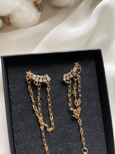 Minimalist - Gold chain glittering star earrings| Golden diamante dangle earrings | Statement earrings | Celestial crystal bead chain jacket earrings