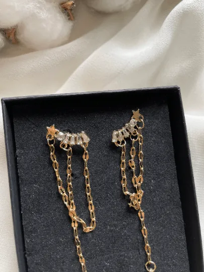 Minimalist - Gold chain glittering star earrings| Golden diamante dangle earrings | Statement earrings | Celestial crystal bead chain jacket earrings