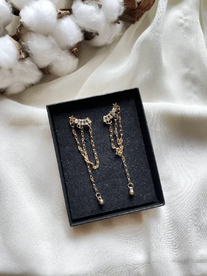 Minimalist - Gold chain glittering star earrings| Golden diamante dangle earrings | Statement earrings | Celestial crystal bead chain jacket earrings