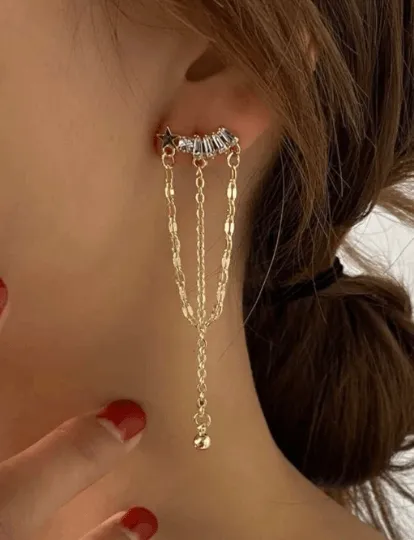 Minimalist - Gold chain glittering star earrings| Golden diamante dangle earrings | Statement earrings | Celestial crystal bead chain jacket earrings