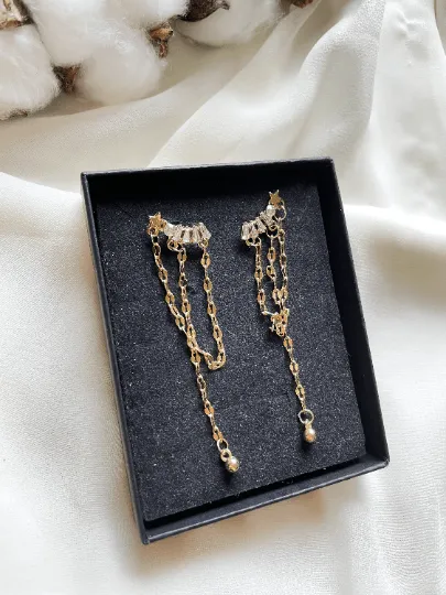 Minimalist - Gold chain glittering star earrings| Golden diamante dangle earrings | Statement earrings | Celestial crystal bead chain jacket earrings