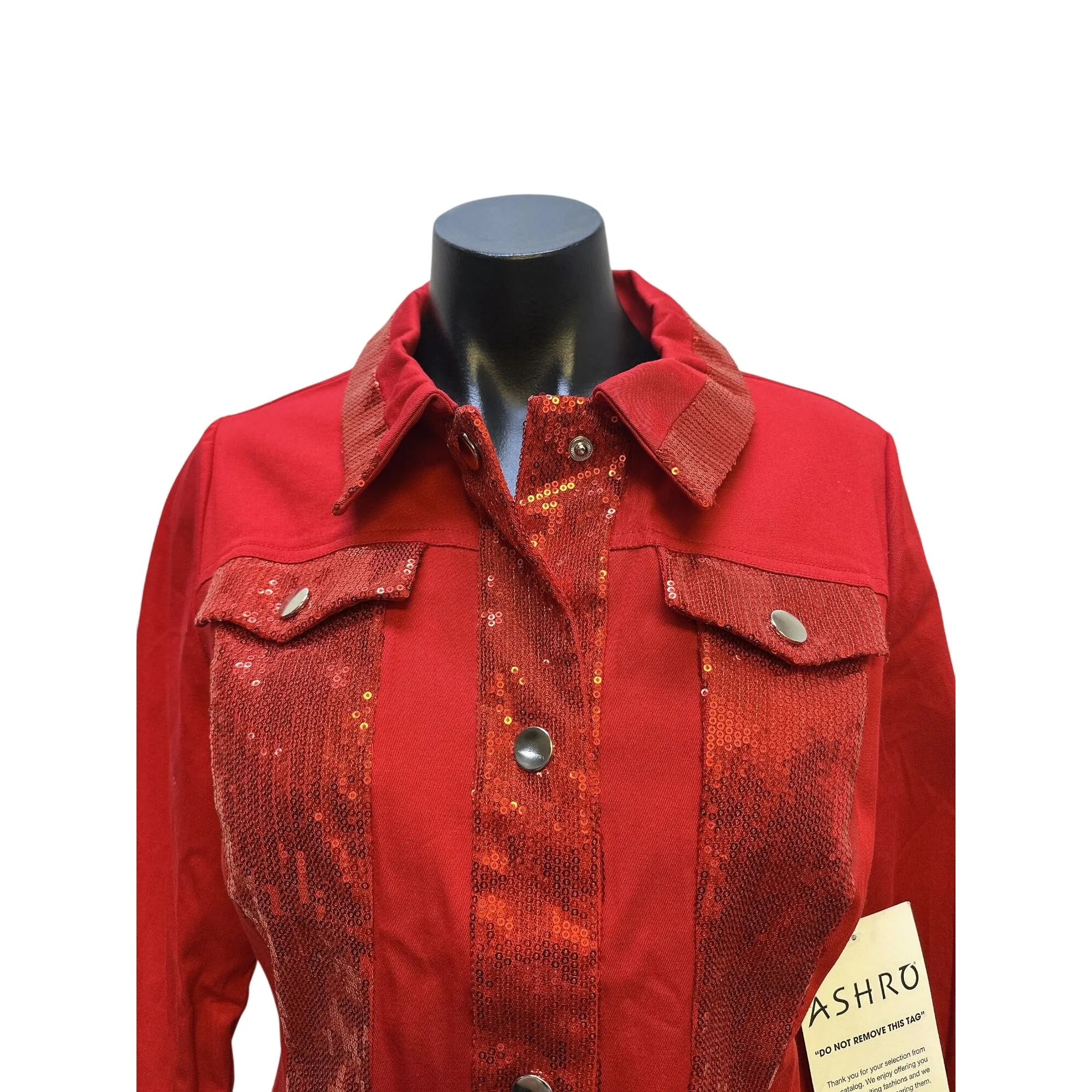NWT Ashro Red Sequined Denim Jacket w/Button Front & Long Sleeves Size 6