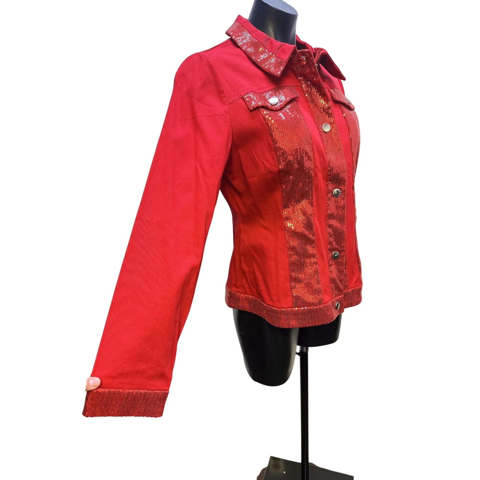 NWT Ashro Red Sequined Denim Jacket w/Button Front & Long Sleeves Size 6