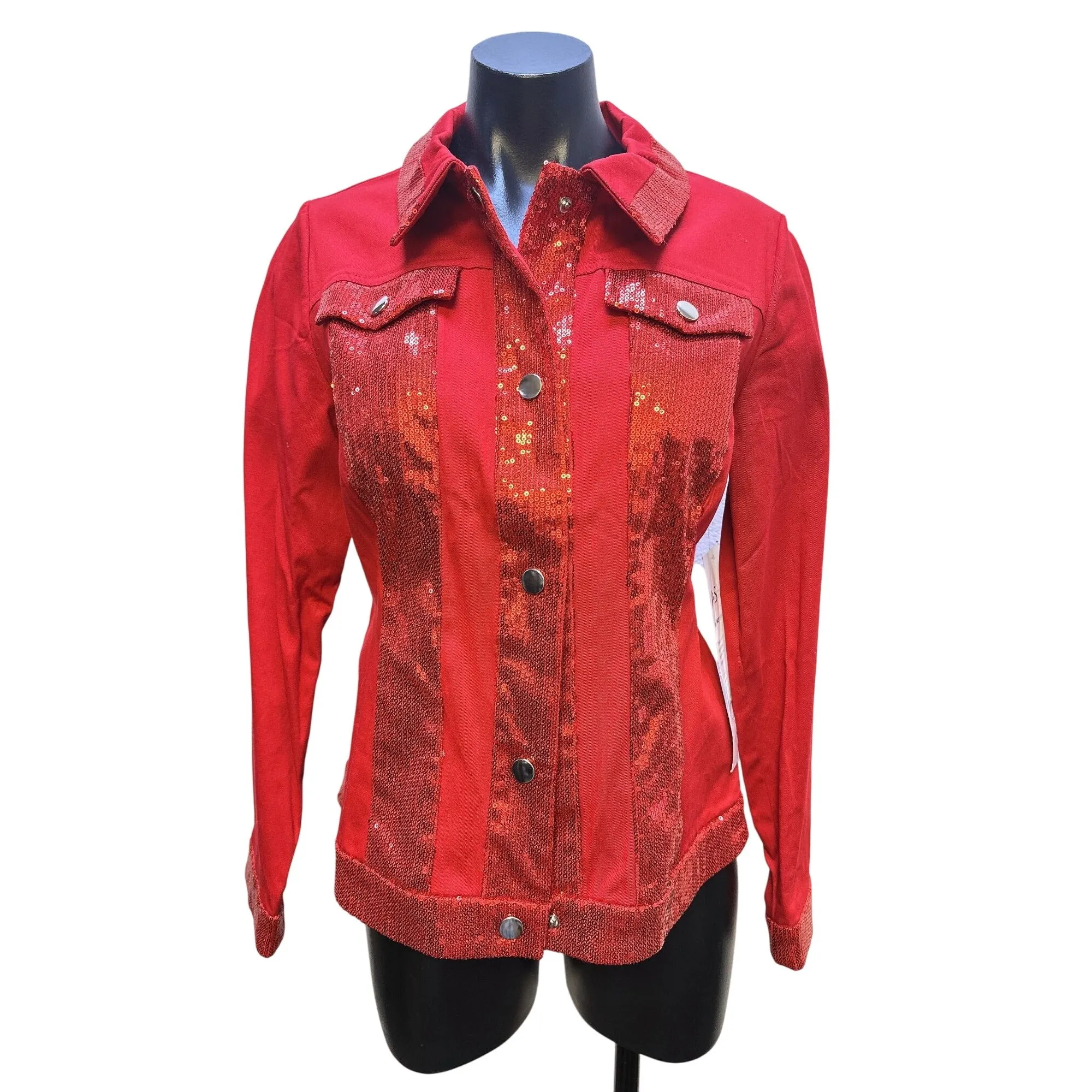 NWT Ashro Red Sequined Denim Jacket w/Button Front & Long Sleeves Size 6