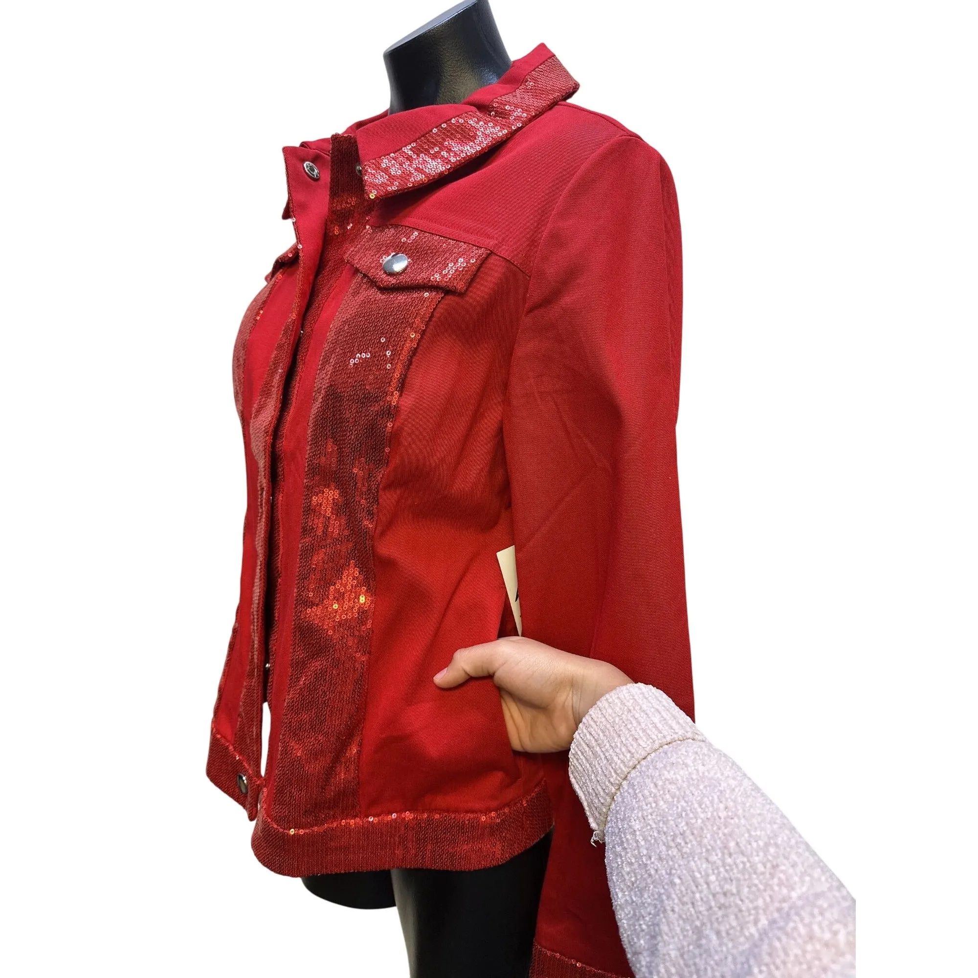 NWT Ashro Red Sequined Denim Jacket w/Button Front & Long Sleeves Size 6