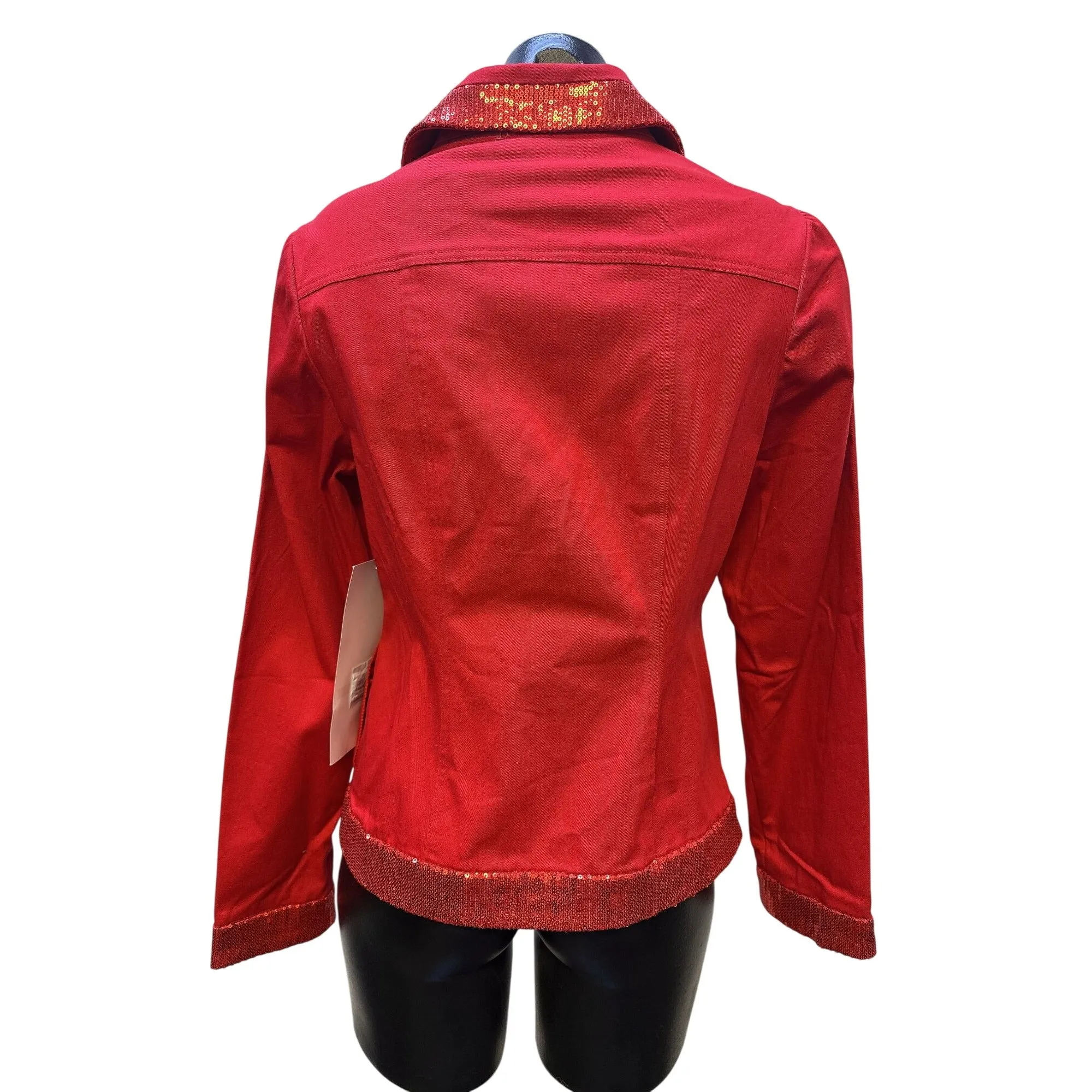 NWT Ashro Red Sequined Denim Jacket w/Button Front & Long Sleeves Size 6