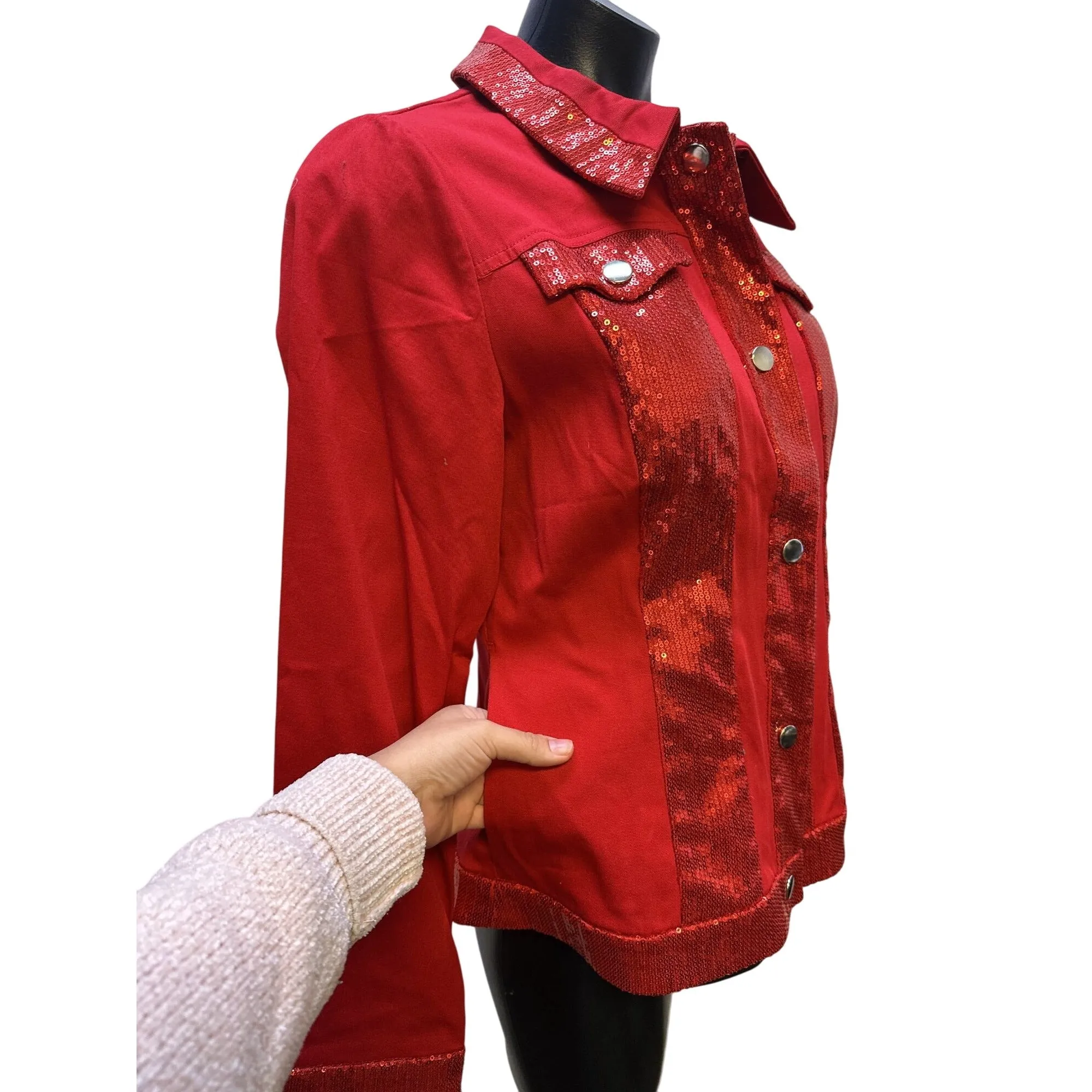 NWT Ashro Red Sequined Denim Jacket w/Button Front & Long Sleeves Size 6