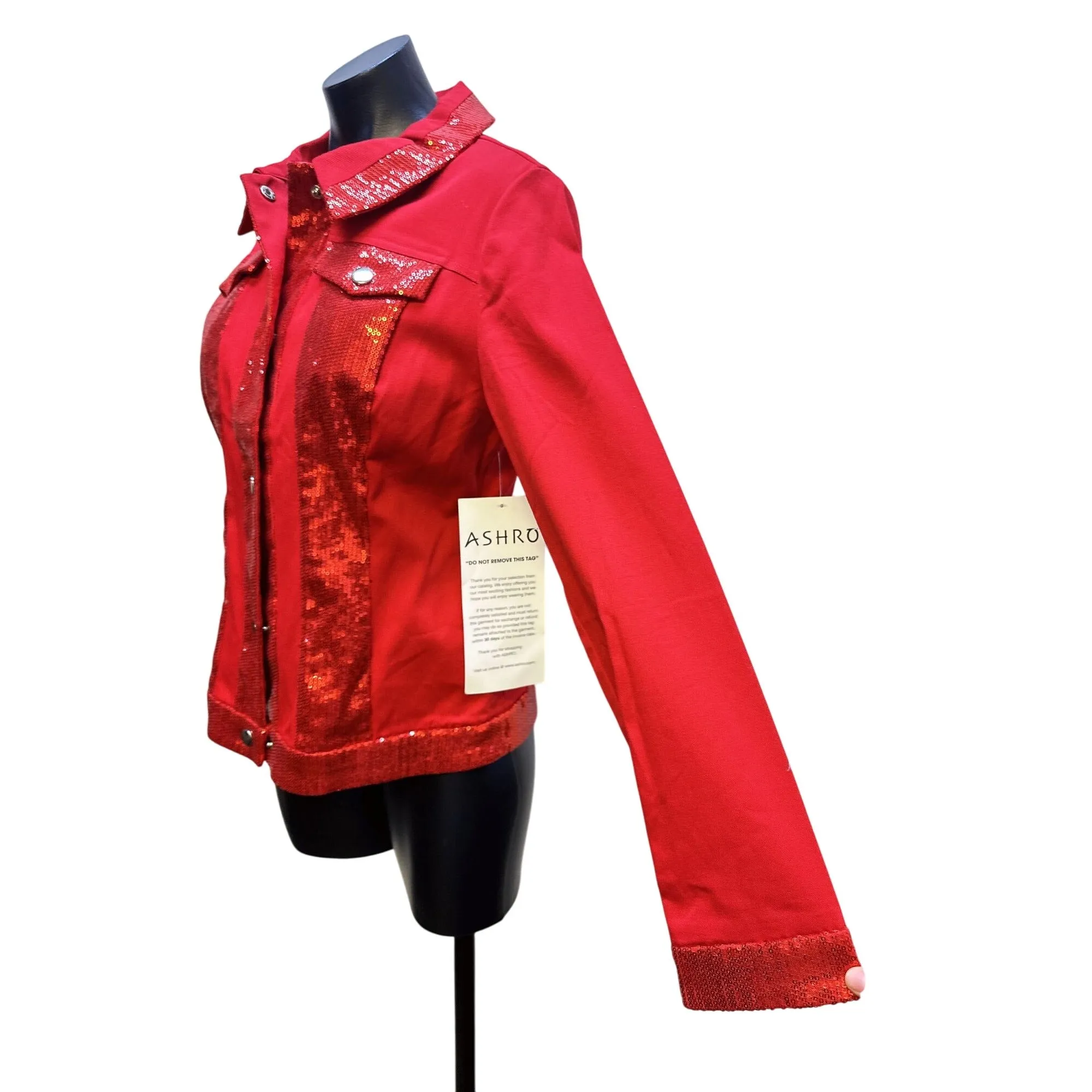 NWT Ashro Red Sequined Denim Jacket w/Button Front & Long Sleeves Size 6