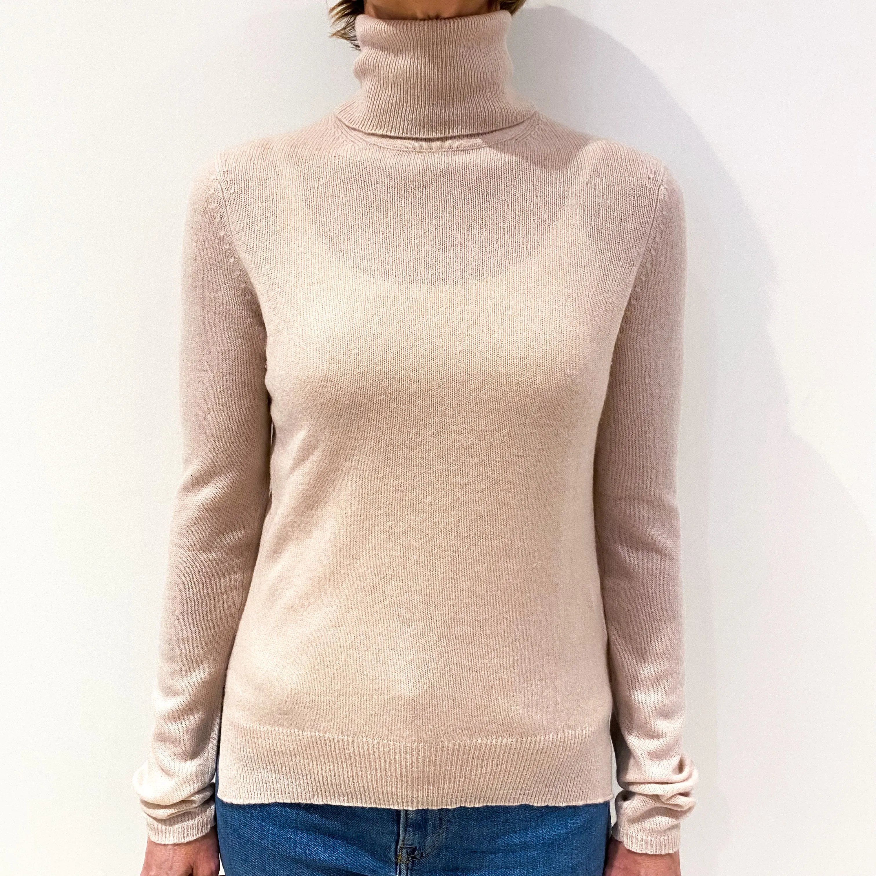 Pale Nude Pink Cashmere Polo Neck Jumper Small