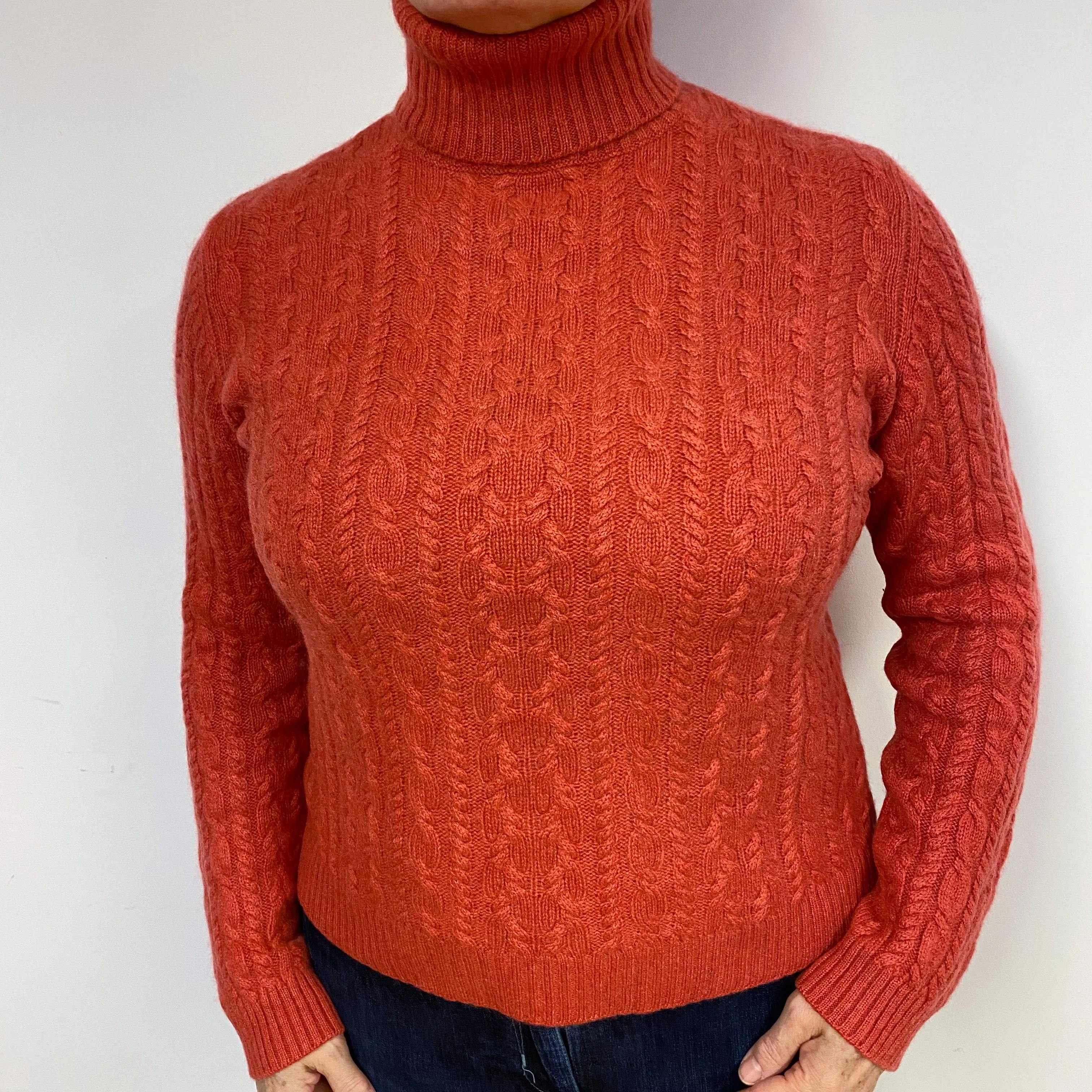 Paprika Orange Cable Cashmere Polo Neck Jumper Large