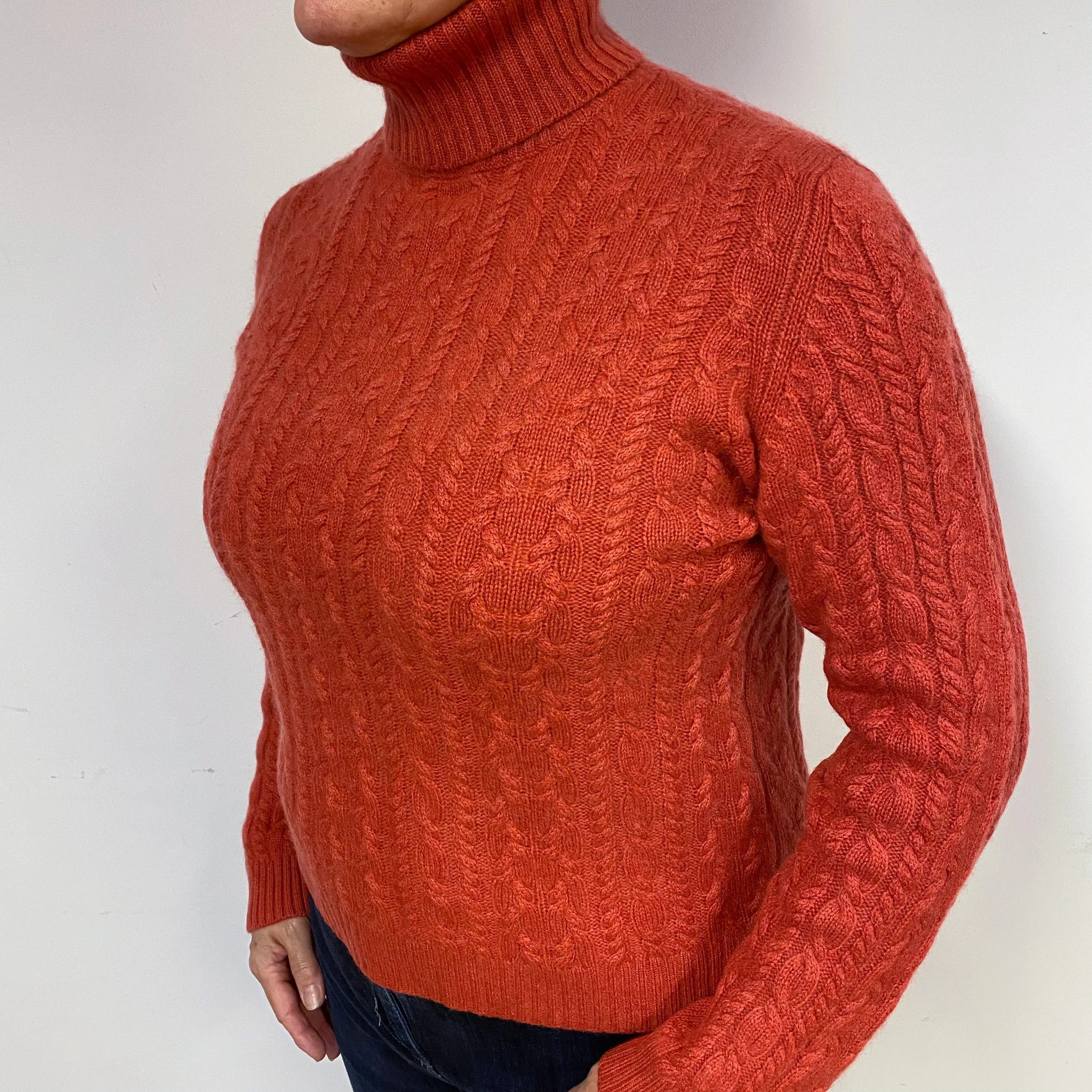 Paprika Orange Cable Cashmere Polo Neck Jumper Large