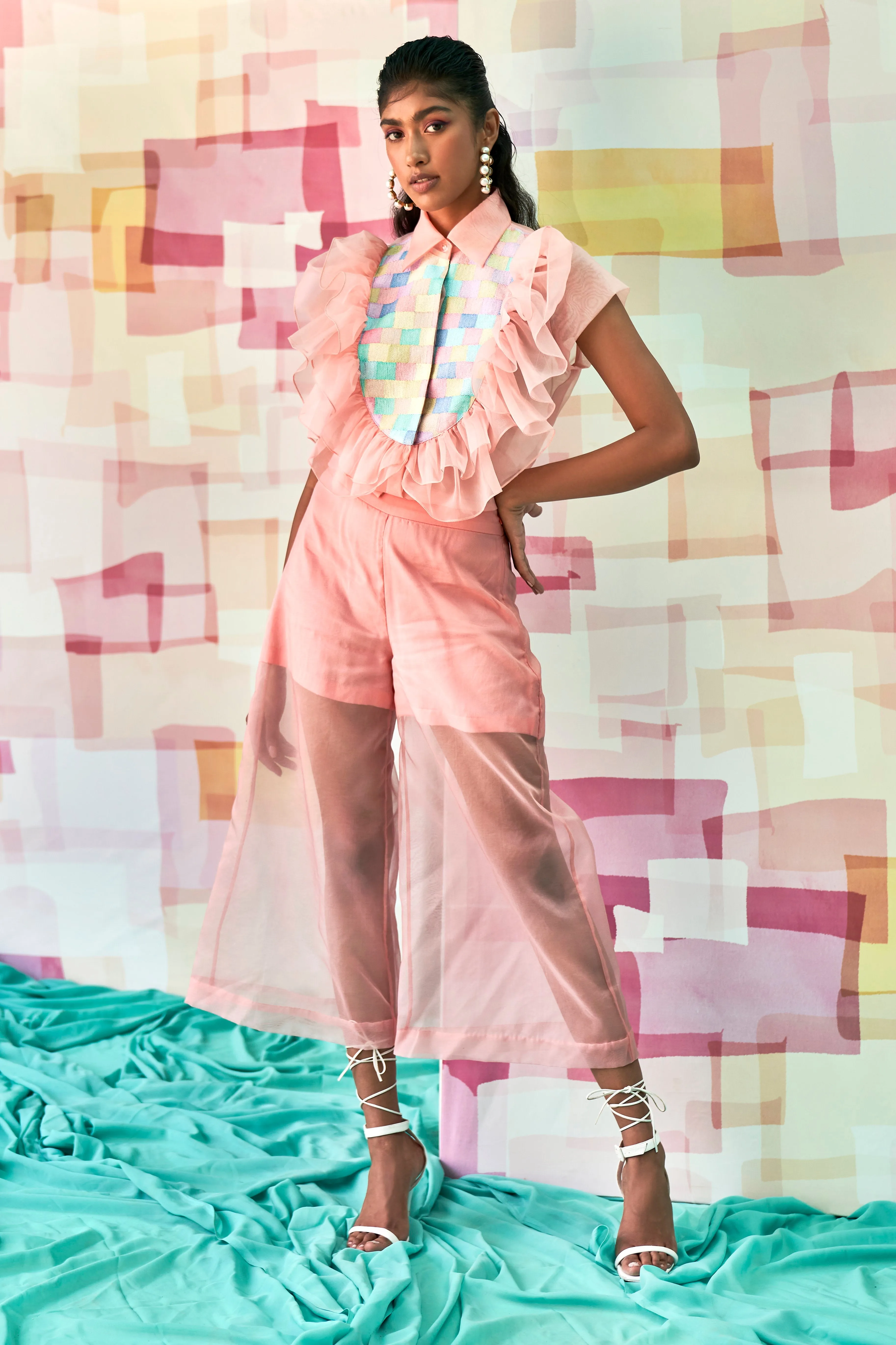 Peach Organza Ruffles Embroidery Co-ord Set