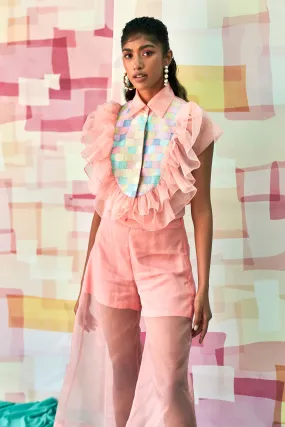 Peach Organza Ruffles Embroidery Co-ord Set