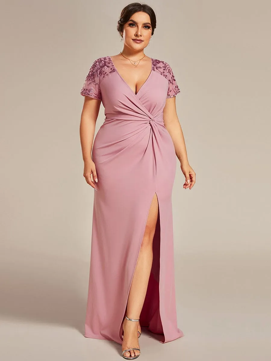 Plus Size Front Slit Short Sleeve With Sequin Mother of the Bride Dresses